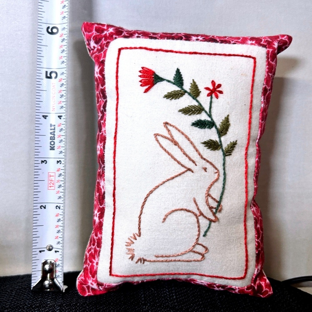 Handmade Embroidered Bunny Floral Mini Accent Pillow